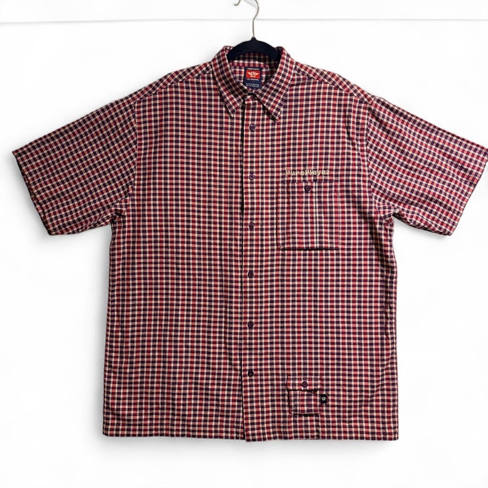 Pure Playaz Vintage 90s Y2K Red White Checkered Short Sleeve Button Up Shirt L